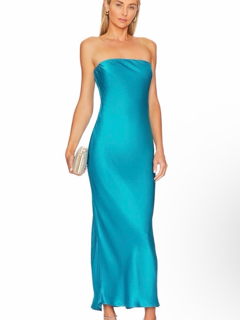 Strapless Satin Column Dress in Teal Blue